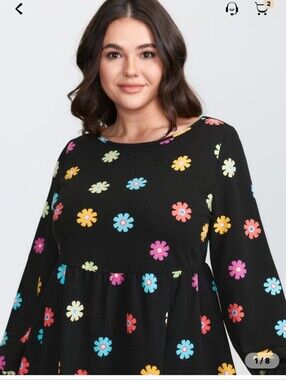 Black Floral Babydoll Tunic with Multicolor Daisies